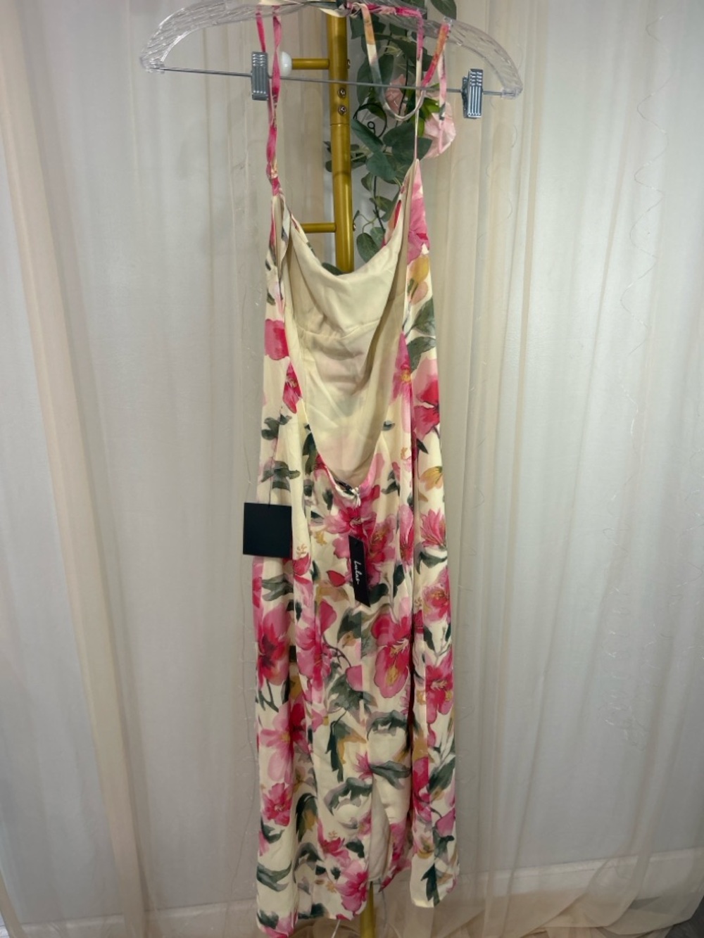 Lulus Floral Midi Dress Halter Open Back Pink Cream Spring Summer NWT - Picture 6 of 9